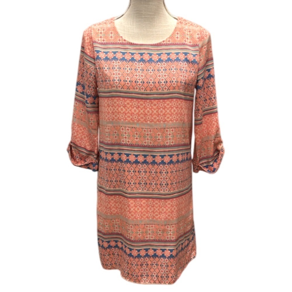 Everly Shift Dress Boho Orange Multi Color 3/4 Sleeves - Small